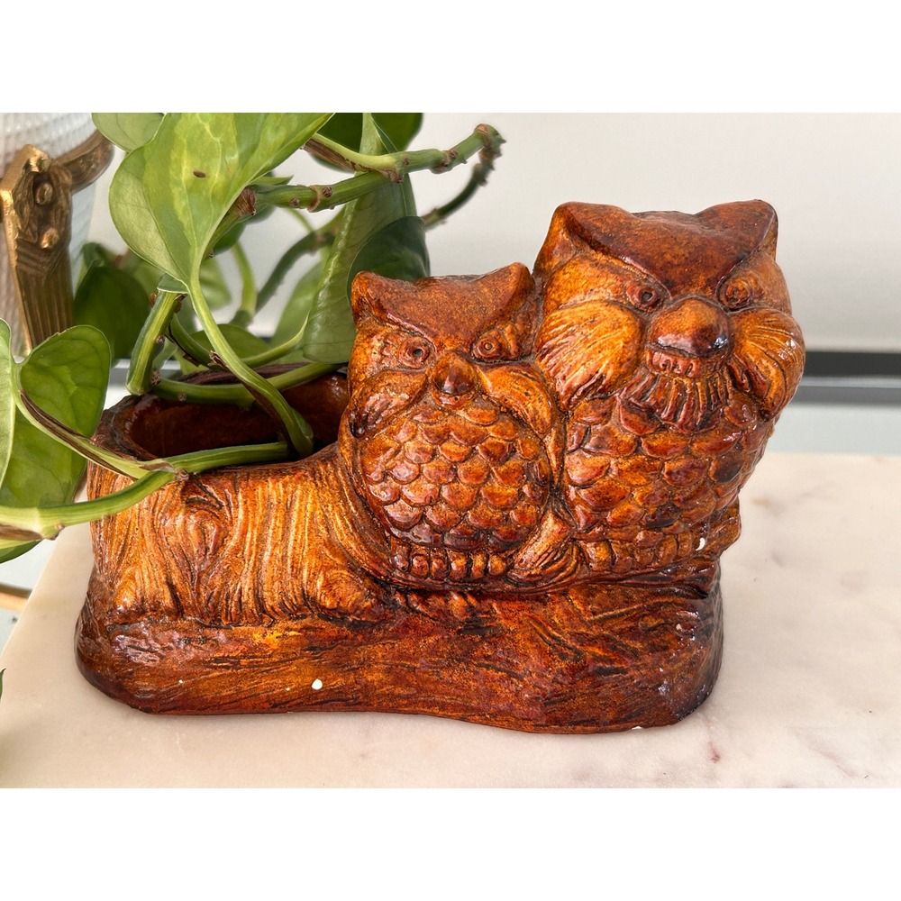 Vintage Ceramic Double Owl Planter Brown Glazed Rustic Log Succulent Pot Figure